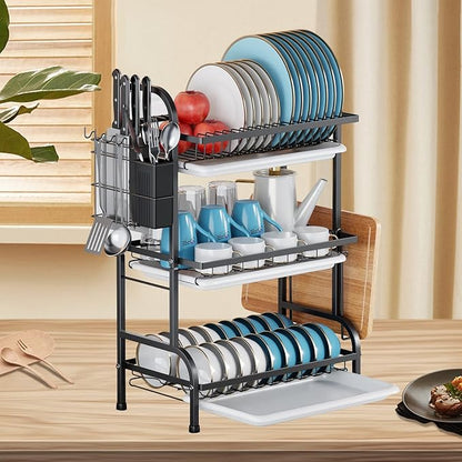 Goldmeet 3 Tier Dish Drying Rack, Large Stainless Steel Over The Sink Dish with Drain Tray, Kitchen Dishes Drying Racks, Dish Racks for Kitchen Counter Storage (Black)