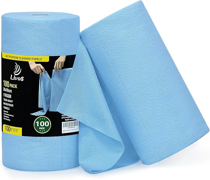LIVOS Microfiber Cleaning Cloth Roll - 100 Pack, Reusable Paper Towels, Microfiber Towels for Car, Super Absorbent Cleaning Rags for House,Kitchen,Window-Blue, 11.5"x11.5"|Lightweight, Quickly Dry