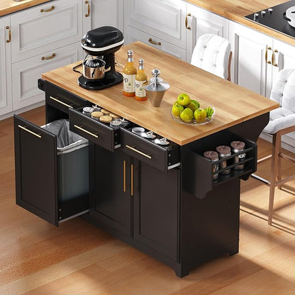 59.3" Kitchen Island with Drop Leaf and Pull Out Trash Can Storage Cabinet, Rolling Kitchen Island Table with Power Outlet, Spice & Towel Rack for Kitchen, Dining, Black
