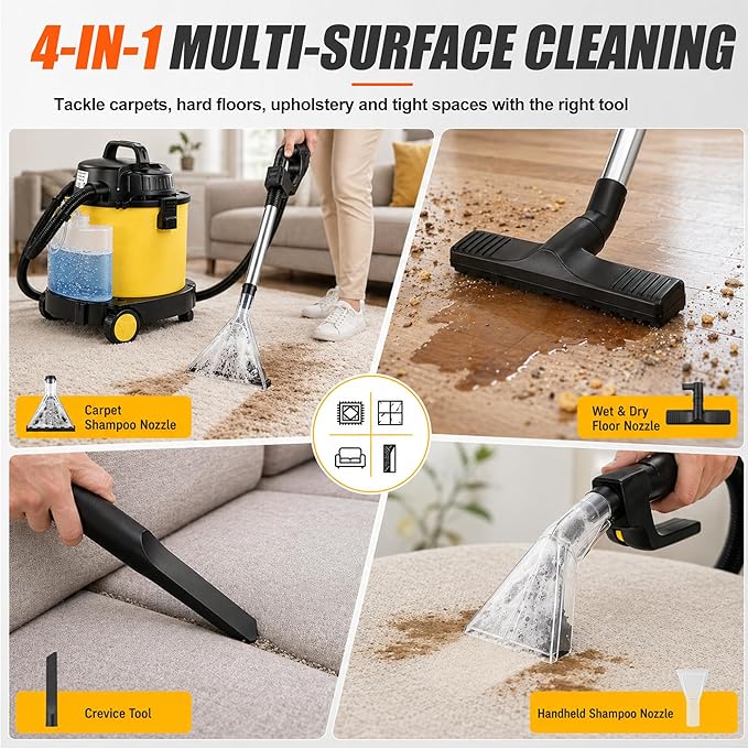 Shop Vacuum Wet and Dry Cleaner, 6 Gallon 5.5 Peak HP Wet Dry Vac, 17 KPA Max Power 4 in 1 Portable Shop Vacuum Wet and Dry with Filter,Soap Tank, Hose and Attachments for Home, Car, Garage, 175