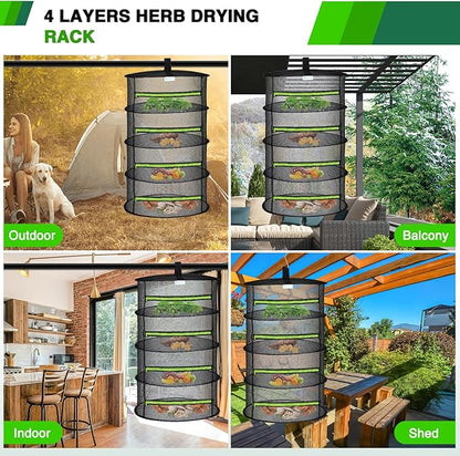 Yesker 4 Layer Herb Drying Rack Hanging Mesh Net Foldable Plant Drying Racks 24" w Green Zipper Pruning Shears Hook Dryer Hanging Rack for Herbs Seed Bud Fruit Clothes Grow Tent Closets Garden Outdoor