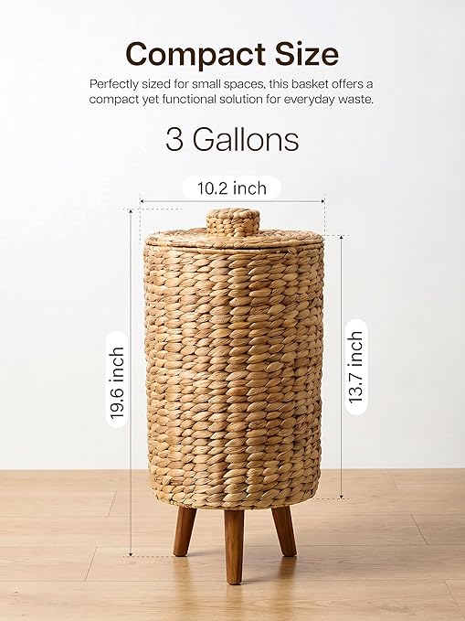 Tidita 3 Gallon Wicker Trash Can with Lid, Water Hyacinth Wicker Waste Basket for Bathroom - Decorative Bathroom Trash Can with Wooden Leg - Rattan Garbage Can with a Lid, Liner - Assembly Required