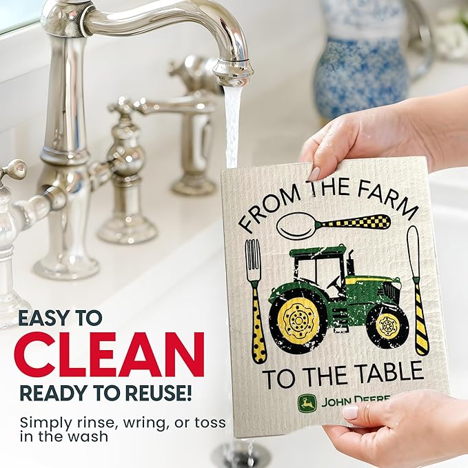 Wet-It! John Deere 2-Pack Sponge Cloths for Farmhouse Kitchen Décor, Absorbent Dishcloths for Cooking, Cleaning & Baking, Rustic Country Design for Everyday Use (Farm to Table)