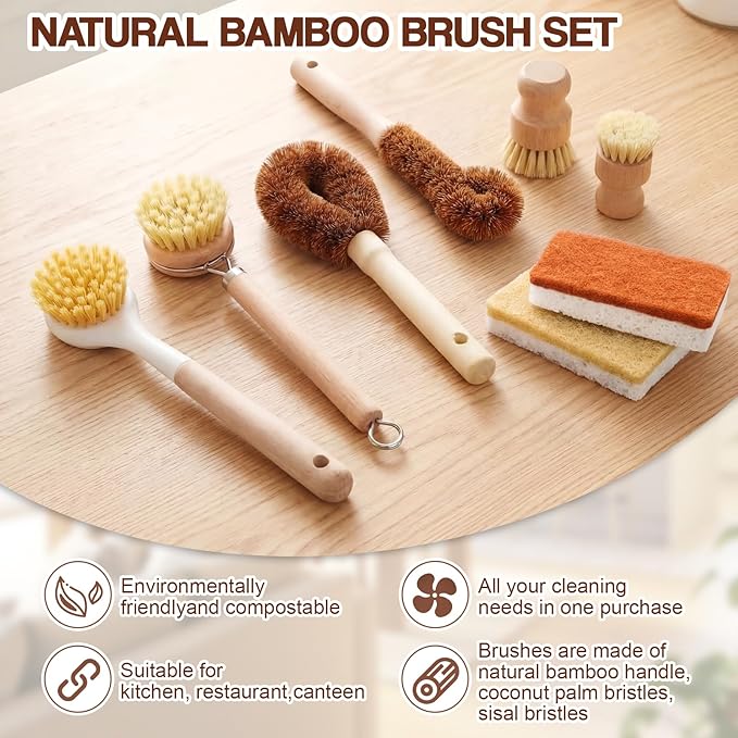Sliner 14 Pcs Bamboo Dish Brush Set, Wooden Dish Brush with Long Handle Sisal and Palm Fiber Natural Wooden Kitchen Sponge for Pots Pans Bottle Sink Vegetables Household Cleaning