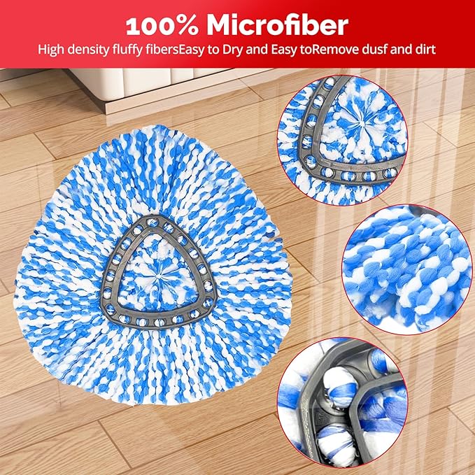 O-Cedar Spin Mop Head, Base, Handle Replacement for RinseClean 2 Tank System, 4 Microfiber Mop Refills, 1 Base and 30-58in Handle Set Combo, Blue, for Wood, Tile, Laminate, Marble