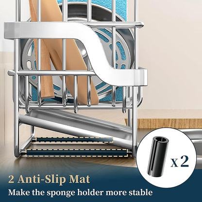 Consumest Sponge Holder for Kitchen Sink - Sink Caddy with Stainless Steel Self Drain Tray, Sink Organizer with High Brush Holder Countertop for Kitchen Sink Accessories, Silver