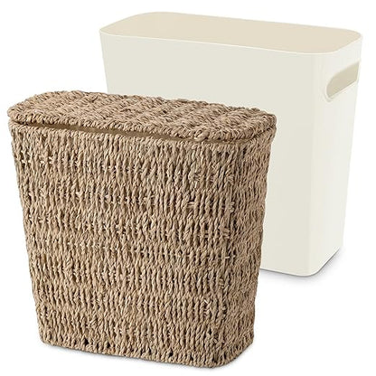 Wicker Waste Basket with Lid and Liner, Woven Seagrass Trash Can, Bathroom Trash Can, Boho Garbage Wastebasket for Bedroom Home Living Room Office Kitchen, 2.5 Gallon