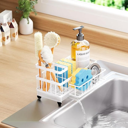 Consumest Sponge Holder for Kitchen Sink - Auto Draining Sink Caddy Organizer with Detachable Rack, High Brush Holder, Kitchen Countertop Storage Accessories, White