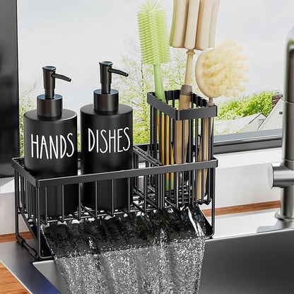 MASADI Kitchen Dish Soap Dispenser Set with Sponge Holder, 12OZ Glass Bottle, Hand and Dish Soap Dispenser Set, Non-Slip Silicone Pad, Brush Holder, Kitchen Sink Organizer Countertop (Black)
