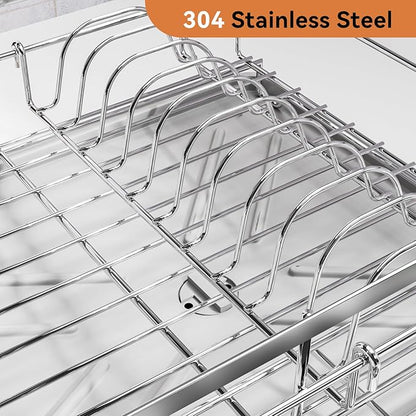 Laveshop Dish Drying Rack, 304 Stainless Steel Expandable Dish Drainer for Kitchen Counter, Space-Saving with Utensil Holder, Gray