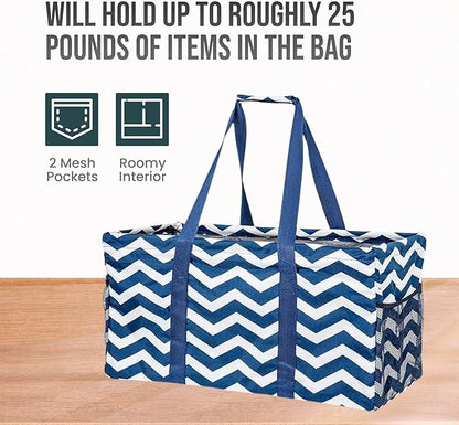 Extra Large Utility Tote Bag, Oversized Collapsible Reusable Wire Frame Rectangular Canvas Basket With Two Exterior Pockets For Beach, Pool, Laundry, Car Trunk, Storage - Chevron Navy