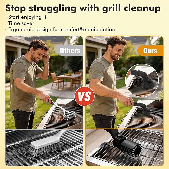 Electric Grill Brush with Rotary180°Adjustable Brush Head for BBQ,3-Speed Setting,Rechargeable,90Mins Runtime,Cordless,Waterproof, Anti-Shedding Wire Bristle and Grinding Brush for Grill Cleaning
