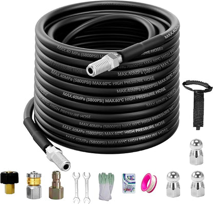 Sewer Jetter Kit for Pressure Washer 100FT, 5800PSI Water Jet Drain Cleaner Hose with 4 Sewer Jetting Nozzles, 1/4 Inch NPT Corner, Waterproof Tape and Handle Strap