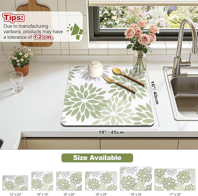Findosom Floral Dish Drying Mat, 16" x 18" Super Absorbent & Hide Stain Coffee Mat, Cuttable Drying Mat for Kitchen Counter, Under Dish Rack, Coffee Maker, Espresso Machine, Sage Green