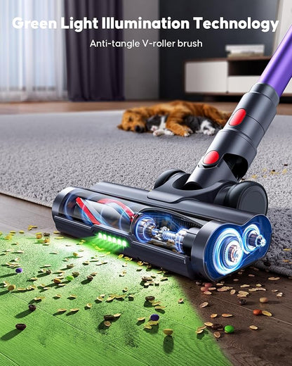 Cordless Vacuum Cleaner, 45KPa 600W Powerful Stick Vacuum for Home, 60Mins Runtime, 1.8L XL Dust Cup One-Touch Empty, Green LED Anti-Tangle Brush & Fragrance, for Pet Hair Carpet Hard Floor