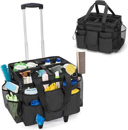 LoDrid Rolling Cleaning Bag with Detachable Trolley, Portable Cleaning Cart on Wheels for Supplies, Professional Caddy with Shoulder Strap for Housekeepers, Black (Patent Design)