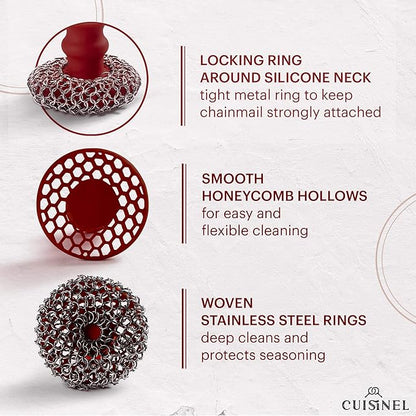 Cuisinel Cast Iron Chainmail Scrubber + Pan Scraper - Deluxe Ergonomic Stainless/Silicone Pot and Skillet Cleaner - Food-Safe Design - Easy to Clean Dishwasher Safe Cookware - Kitchen Sponge Accessory