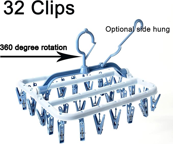 Foshine Clothes Drying Racks Foldable Clip Hangers Drip Hanger Plastic with 32 Drying Clips Wind-Proof Hook Underwear Hanger for Socks Bras (Blue)