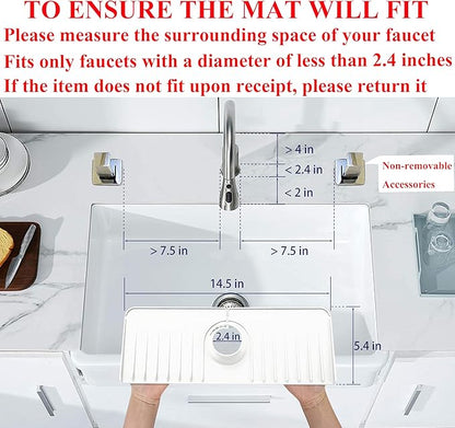 YATOISUR Sink Splash Guard 14.4” x 5.4” - Sink Faucet Mat with Faucet Water Catcher Mat & Soap Dish & Sponge Holder 3 in 1 - Silicone Faucet Handle Drip Catcher Tray for Kitchen RV & Bar Faucet, White