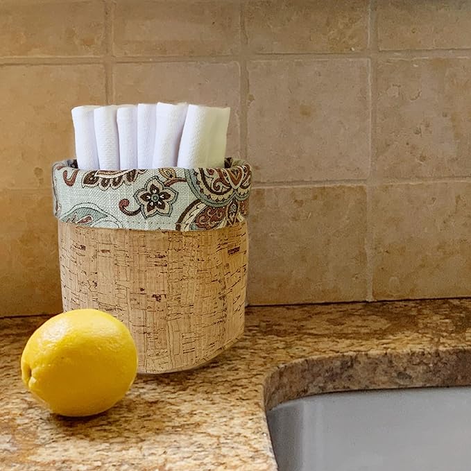 Reusable Paper Towel Set/Towels and Cork Fabric Basket/American Made/Machine Washable/Absorbent/Durable/Quality Edges/No Pilling (Paisley & Cork Leather Basket, 12 Cloths)