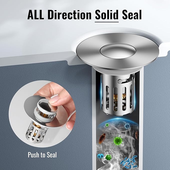 5-in-1 Bathroom Sink Stopper, 2 Pc Pop-Up Drain Stopper with Removable Hair Catcher, Anti-Clog Strainer, Odor Blocking & One-Way Flow Design, All Metal Brass Core & Stainless Steel, Fit 1.1"–2.36"