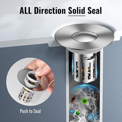 5-in-1 Bathroom Sink Stopper, 2 Pc Pop-Up Drain Stopper with Removable Hair Catcher, Anti-Clog Strainer, Odor Blocking & One-Way Flow Design, All Metal Brass Core & Stainless Steel, Fit 1.1"–2.36"