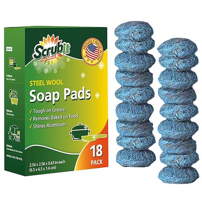 18 Pack Steel Wool Soap Pads by SCRUBIT - Metal Scouring Cooktop Cleaning Pads Used for Dishes, Pots, Pans, and Ovens - Pre-Soaped for Easy Cleaning of Tough Kitchen Grease and Oil