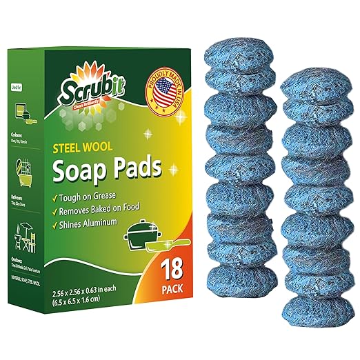 18 Pack Steel Wool Soap Pads by SCRUBIT - Metal Scouring Cooktop Cleaning Pads Used for Dishes, Pots, Pans, and Ovens - Pre-Soaped for Easy Cleaning of Tough Kitchen Grease and Oil
