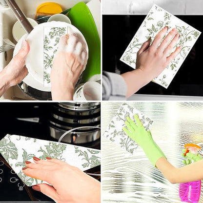 Swedish Dishcloths for Kitchen, 6PCS Sage Green Floral Birds Cellulose Sponge Reusable Paper Towels Washable, Greenery Absorbent Fast Drying Swedish Dish Cloth for Home Cleaning