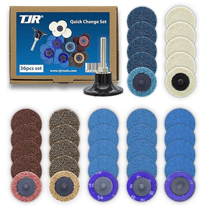 TJR® 2" Quick Change Discs Type R 35PCS Set with 1/4" Holder Roll Lock Type for Die Grinder – Ideal for Surface Conditioning, Burr Removal, Deburring, Grinding, Polishing, Rust and Paint Removal
