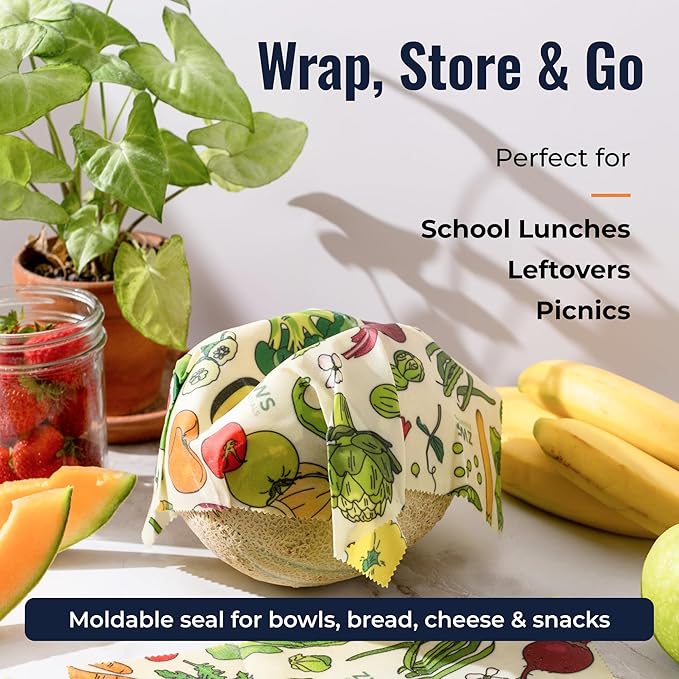 Beeswax Wraps, Reusable Cotton Food Storage Set for Kitchen, Lunch, Bread, Snacks, Bowls. Eco-Friendly Plastic-Free Alternative. 3-Pack Assorted - Veggies by Zero Waste Store