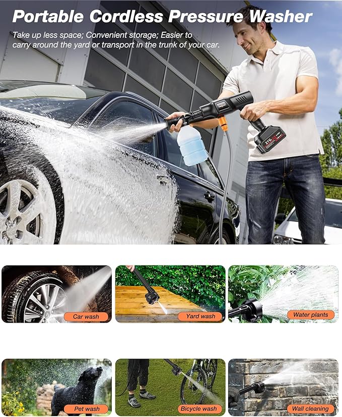 Cordless Car Washer 1250PSI Cordless Car Washer with 6-in-1 Nozzle, 17FT High-Elastic Hose,Home Portable Handheld Car Washer Cleaner