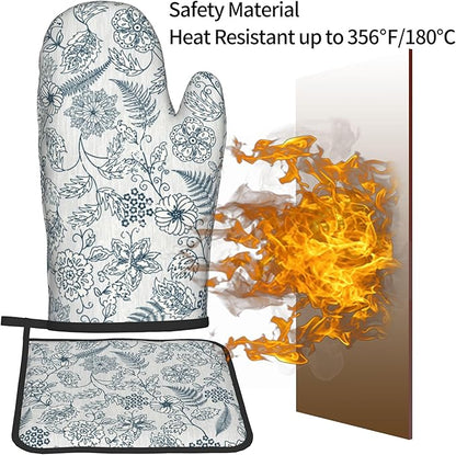 Blue Floral Oven Mitts Set – Vintage Pot Holders Kitchen Gloves for Women Teal Plant Kitchen Mitts Potholders Set of 2 for Cooking & Baking