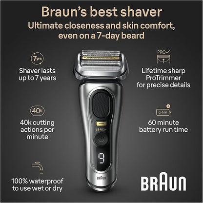 Braun Series 9 PRO+ Electric Razor for Men, 5 Pro Shave Elements & Precision Long Hair Trimmer, 6in1 SmartCare Center, Wet & Dry Electric Shaver for Smooth Skin with 60min Battery Runtime, 9517s