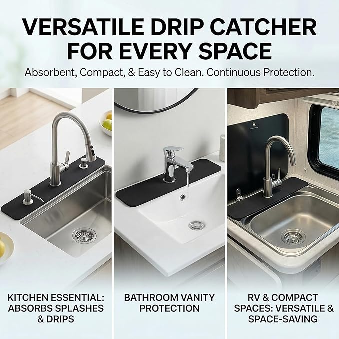 Cuttable Kitchen Sink Faucet Mat: 2PCS 30"Lx5.5"W DIY Splash Guard for Irregular Sink 2, 3 holes, Soap Dispenser & Air Gap - Bathroom Counter Protector Drip Catcher with Pre-Cut Center Hole, Black