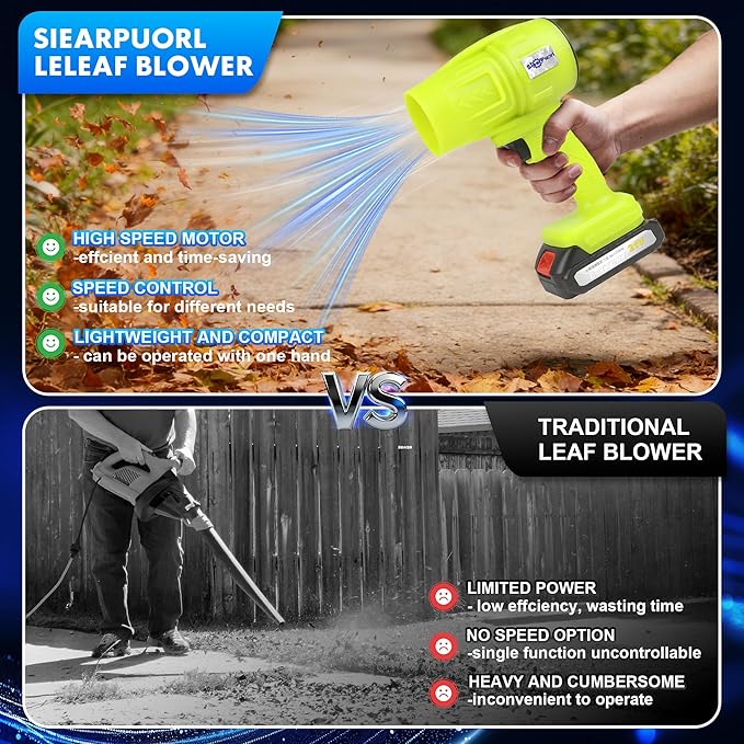 21V Handheld Leaf Blower – 98,000RPM High-Speed Motor, 1.7LB Ultra-Lightweight Hand Blower with 2 Batteries & Charger for Yard, Patio, Car Drying & Workshop (Green)