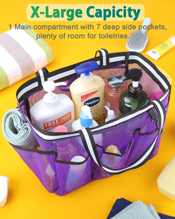 Ocim Large Portable Mesh Shower Caddy Bag Tote for Big Size Shampoo Bottles, Collapsible Quick Dry for College Dorm, Camping, Beach Pool Bathroom, Purple