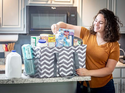 Extra Large Utility Tote Bag - Oversized Collapsible Reusable Wire Frame Rectangular Canvas Basket With Two Exterior Pockets For Beach, Pool, Laundry, Car Trunk, Storage - Chevron Gray