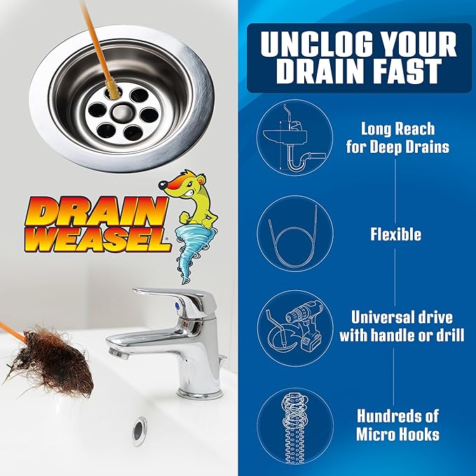 FlexiSnake Drain Weasel PowerSnake Drain Hair Clog Remover Tool – Plumbing Snake Auger for Cleaning Shower, Tub, Bathroom with Drill Connector, Rotating Handle and 3 Wands, 36 Inches Long Made in USA