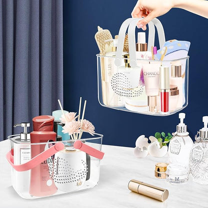 2 Pack Plastic Shower Caddy Basket, Portable Shower Caddy Tote Storage Basket with Colorful Handles, Clear Toiletry Organizer Bin for Bathroom Kitchen College Dorm (White+Pink)