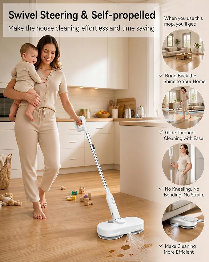 buways Lightweight Cordless Electric Mop, Self-Propelled Electric Spin Mop, Gravity Assist Pressure, 8000mAh Battery, LED Light & Water Spray, for Hardwood, Tile & Laminate Floors