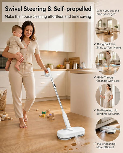 buways Lightweight Cordless Electric Mop, Self-Propelled Electric Spin Mop, Gravity Assist Pressure, 8000mAh Battery, LED Light & Water Spray, for Hardwood, Tile & Laminate Floors