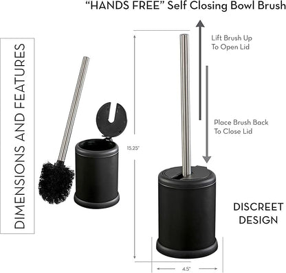 Bath Bliss Toilet Brush and Holder | Self Closing Lid | 360 Degree Brush Head | Bathroom Cleaning | Compact Size | Storage and Organization | Matte Black