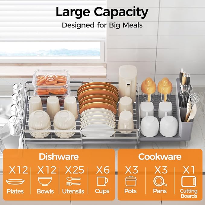 Delamu Stainless Steel Dish Drying Rack, Expandable Dish Drainer, Anti-Rust Large Dish Racks for Kitchen Counter, Dish Strainers with Drainboard, Utensil & Cup Holder, 13.4"-28.7" L x 11.8" W, Grey