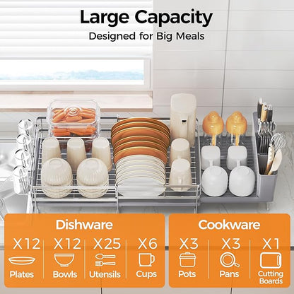 Delamu Stainless Steel Dish Drying Rack, Expandable Dish Drainer, Anti-Rust Large Dish Racks for Kitchen Counter, Dish Strainers with Drainboard, Utensil & Cup Holder, 13.4"-28.7" L x 11.8" W, Grey