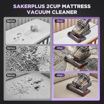 SakerPlus Powerful Bed Vacuum Cleaner, 350W Corded Mattress Vacuum with 2-Cup System,Smart Dust Sensor,Washable Dust Cup & Roller Brush, 16.4 ft Cord, for Mattress, Sofa