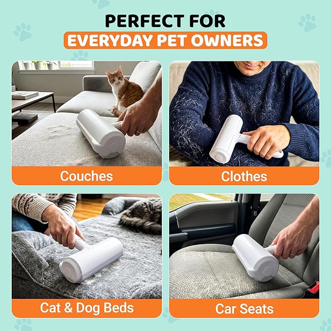 Pet Hair Remover Roller with 2 Grooming Gloves – Reusable Lint Remover for Dogs and Cats (Orange)