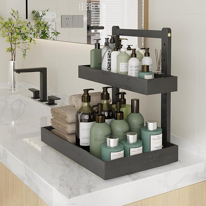 Bamboo Under Sink Storage 2 Tier Pull Out Cabinet Organizer Slide Out Under Sink Storage Shelf Undersink Organizers Shelves for Kitchen Bathroom Organization (Black, 1 Pack)