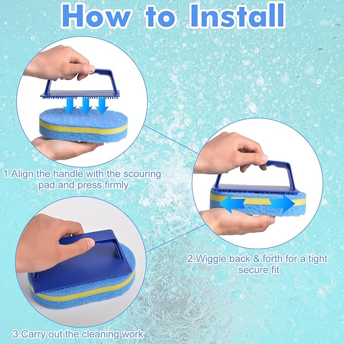 4Pcs Handled Pool Scrubber Brush - Pool Scrub Brush Set with 3 Thicker Replaceable Sponge Pads, Non-Scratch Pool Bathroom Cleaning Brush for Swimming Pool Step Liner, Shower Tile, Bathtube