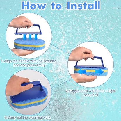 4Pcs Handled Pool Scrubber Brush - Pool Scrub Brush Set with 3 Thicker Replaceable Sponge Pads, Non-Scratch Pool Bathroom Cleaning Brush for Swimming Pool Step Liner, Shower Tile, Bathtube